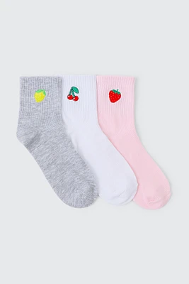 Ardene 3-Pack of Fruit Embroidered Demi Crew Socks in Light Pink | Polyester/Spandex
