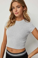 Ardene Ultra Crop Rib T-Shirt in Light Grey | Size Large | Cotton/Elastane