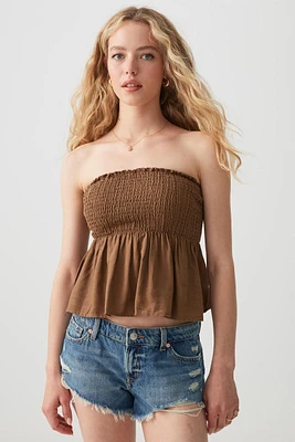 Ardene Linen Blend Smocked Tube Top in Brown | Size Small | Viscose
