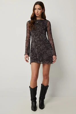 Ardene Long Sleeve Mini Mesh Dress in Brown | Size XS | Polyester/Elastane
