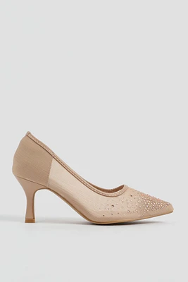 Ardene Embellished Mesh Pumps in Beige | Size 8 | Faux Leather