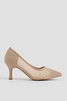 Ardene Embellished Mesh Pumps in Beige | Size 8 | Faux Leather