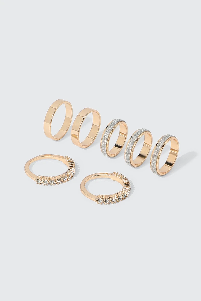 Ardene 7-Pack Glitter & Stone Rings in Gold | Size Small