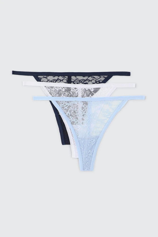 Ardene 3-Pack Lace Thongs in Light Blue | Size XS | Nylon/Elastane