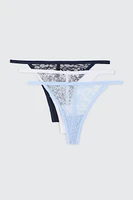 Ardene 3-Pack Lace Thongs in Light Blue | Size XS | Nylon/Elastane