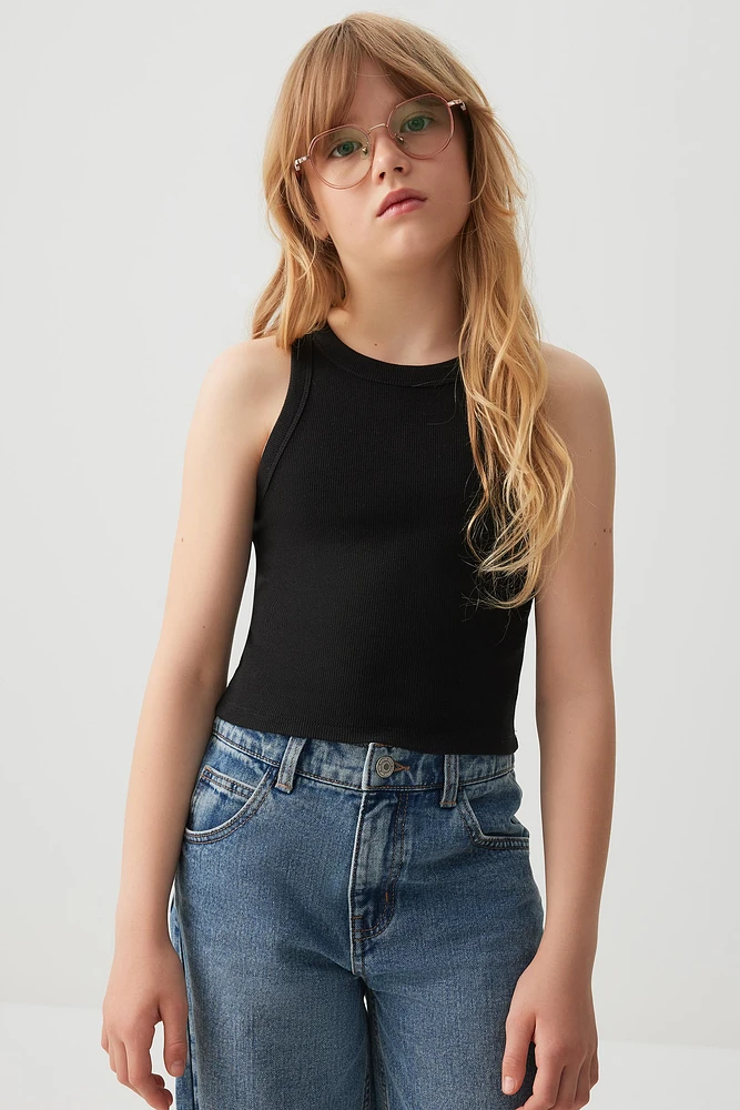 Ardene Kids Rib High Neck Tank Top in Black | Size | Cotton/Elastane