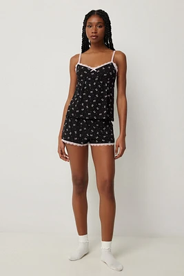Ardene Printed Super Soft Babydoll PJ Set in Black | Size Large | Polyester/Elastane | Eco-Conscious