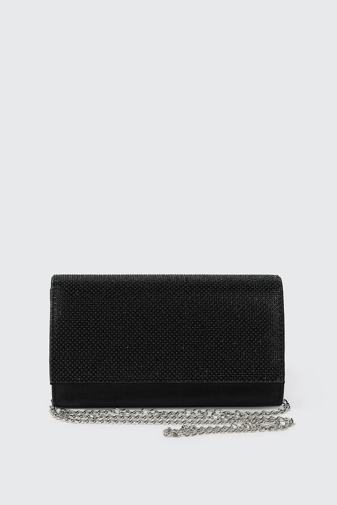 Ardene Embellished Satin Clutch in Black | Polyester