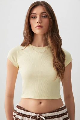 Ardene Basic Ultra Crop Crew Neck T-shirt in Light Yellow | Size | Cotton/Elastane | Eco-Conscious