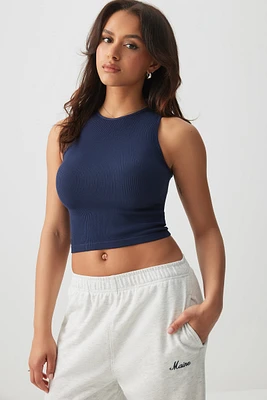 Ardene Basic High Neck Seamless Crop Tank Top in Dark Blue | Size | Nylon/Elastane