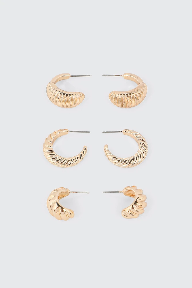 Ardene 3-Pack Ribbed Hoop Earrings in Gold | Stainless Steel