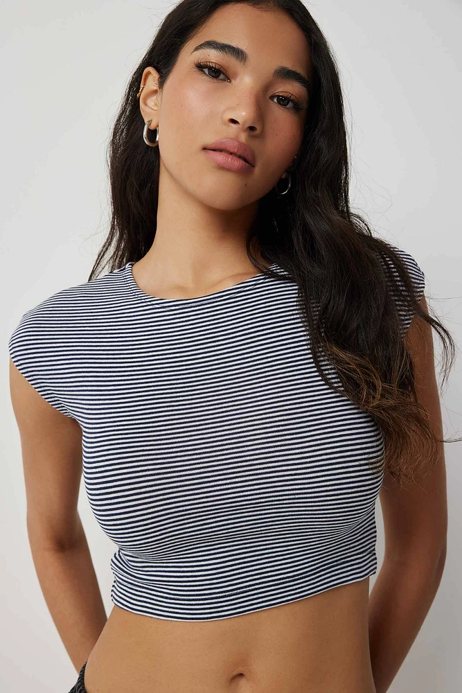 Ardene Ultra Crop Cap Sleeve T-Shirt in Dark Blue | Size Medium | Cotton/Elastane