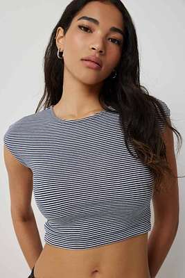 Ardene Ultra Crop Cap Sleeve T-Shirt in Dark Blue | Size Medium | Cotton/Elastane