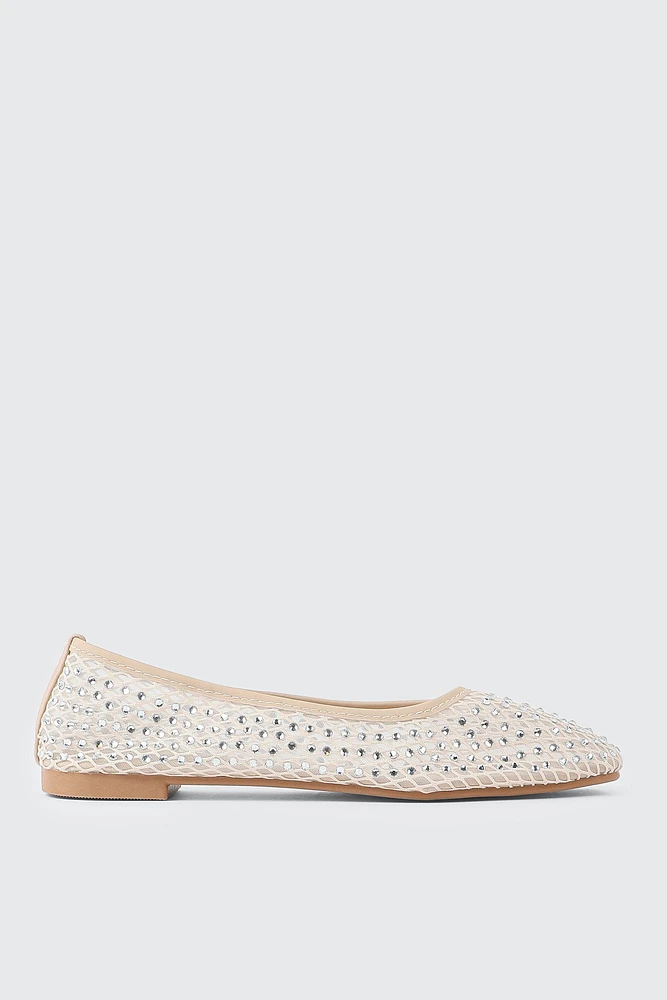 Ardene Fishnet Ballet Flats with Rhinestones in Beige | Size 10 | Faux Leather