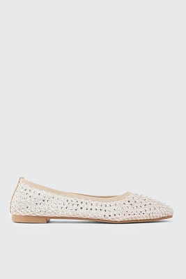 Ardene Fishnet Ballet Flats with Rhinestones in Beige | Size 10 | Faux Leather