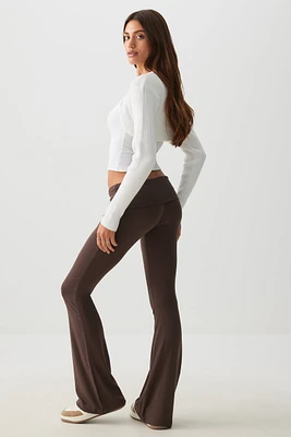 Ardene Mid Rise Foldover Flare Leggings in Brown | Size | Elastane/Viscose