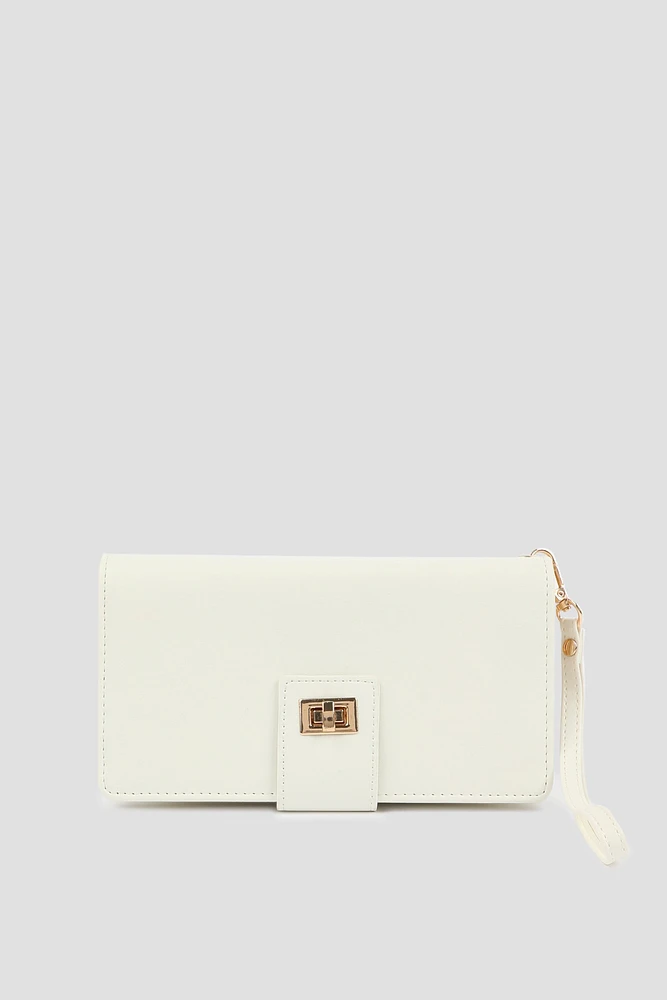 Ardene Turn Lock Wallet in White | Faux Leather/Polyester