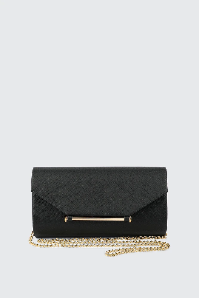Ardene Clutch with Gold Tone Bar Detail in Black | Polyester