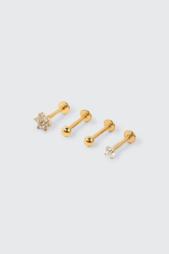 Ardene 4-Pack Flower 14K Gold Plated Labret Piercings