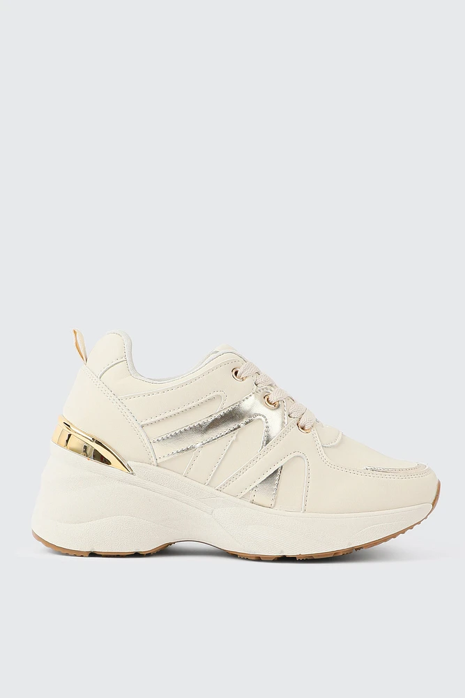 Ardene Chunky Sneakers with Gold Accents in Beige | Size | Faux Leather