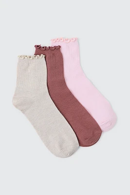 Ardene 3-Pack Ruffled Edge Demi Crew Socks in Light Pink | Polyester/Spandex