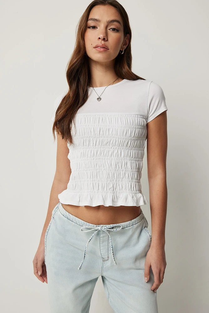 Ardene Smocked Jersey Top in White | Size XS | Cotton/Elastane