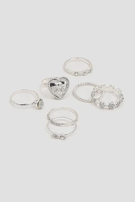 Ardene 7-Pack Angel & Stone Rings in Silver | Size