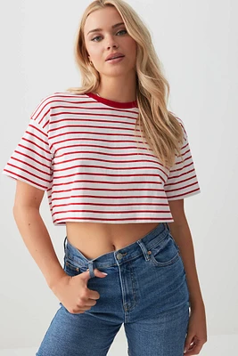 Ardene Striped Crop Boxy T-Shirt in Red | Size | 100% Cotton