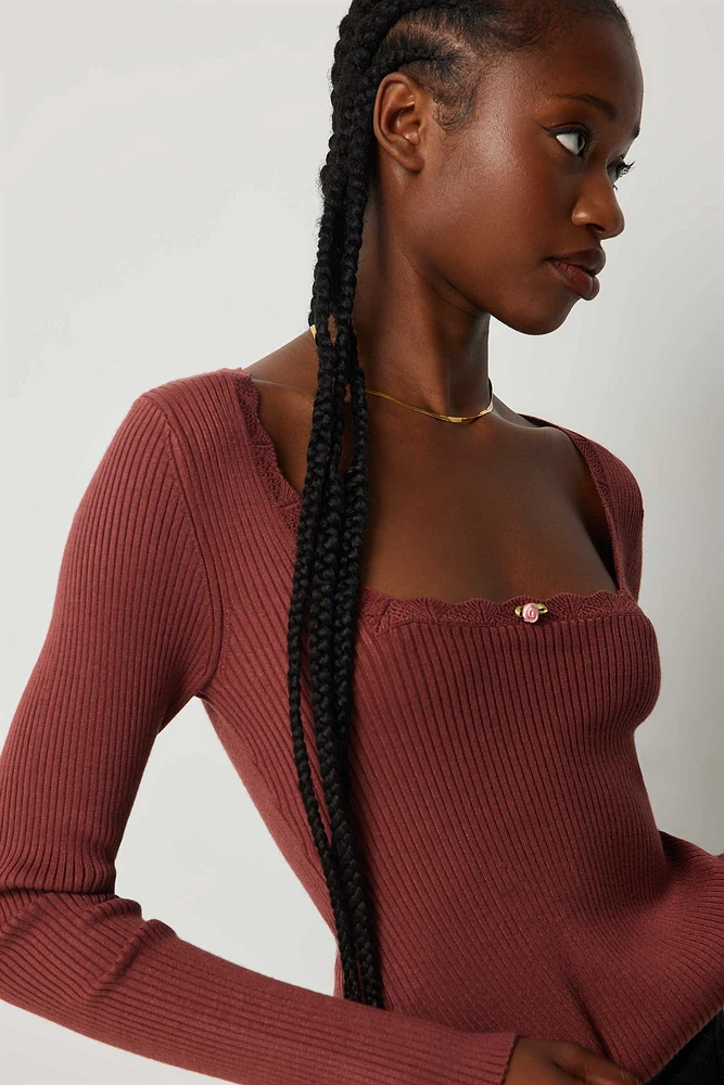 Ardene Fitted Square Neck Sweater With Rosebud Detail in Burgundy | Size | Nylon/Viscose