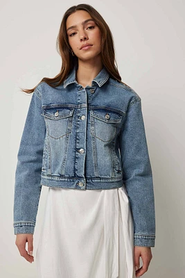 Ardene Crop Classic Jean Jacket in Medium Blue | Size | Spandex/Cotton
