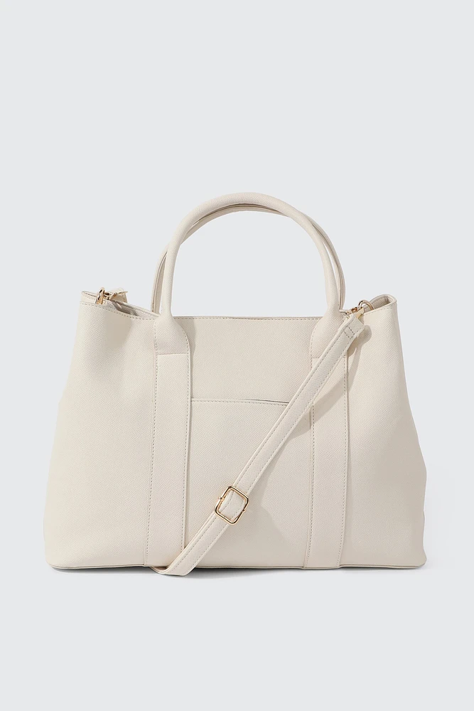 Ardene Tote Bag in Beige | 100% Recycled Polyester/Faux Leather | Eco-Conscious
