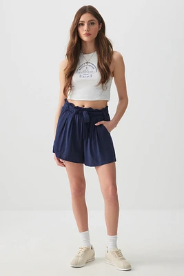 Ardene Basic Ultra High Rise Paperbag Shorts in Dark Blue | Size XS | Viscose | Eco-Conscious | 100% Recycled