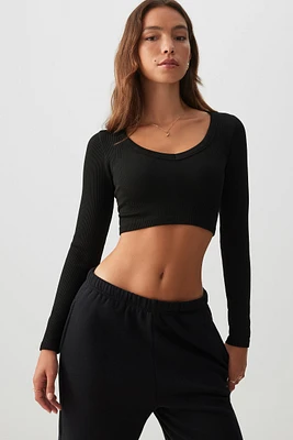 Ardene Ultra Crop Long Sleeve Seamless T-Shirt in Ash Black | Size | Polyester/Nylon/Elastane | Eco-Conscious