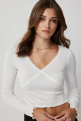 Ardene Long Sleeve Lace Trim Top in White | Size Medium | Polyester/Elastane