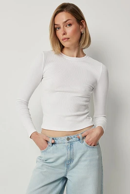Ardene Fitted Long Sleeve Crew Neck T-Shirt in White | Size | Cotton/Elastane
