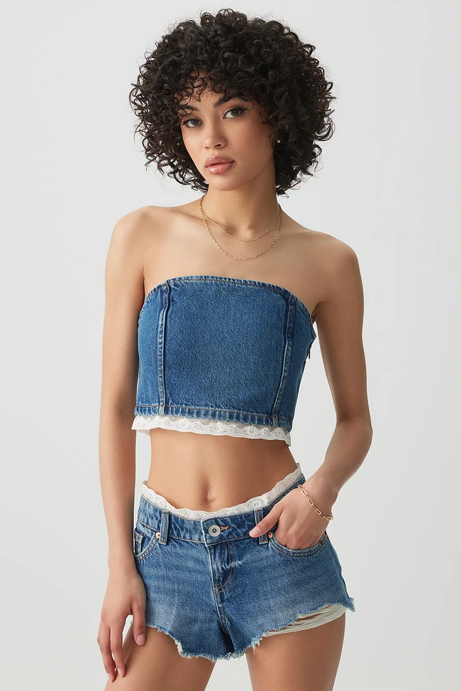 Ardene Lace Trim Denim Short Shorts in Medium Blue | Size | 100% Cotton