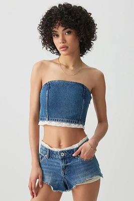 Ardene Lace Trim Denim Short Shorts in Medium Blue | Size | 100% Cotton
