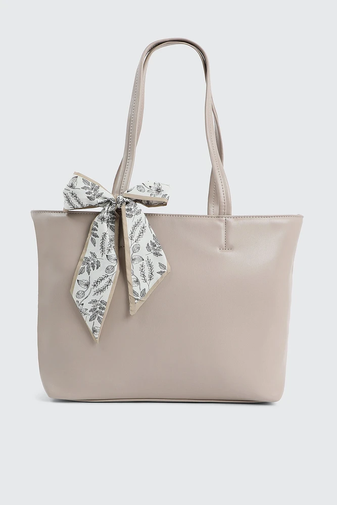 Ardene Large Tote Bag with Scarf in Beige | 100% Recycled Polyester/Faux Leather | Eco-Conscious