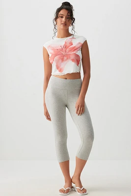 Ardene Wide Waistband Capri Leggings in Grey | Size | Spandex/Cotton