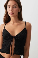 Ardene Tie Front Textured Tank Top in Black | Size | Polyester/Cotton/Elastane