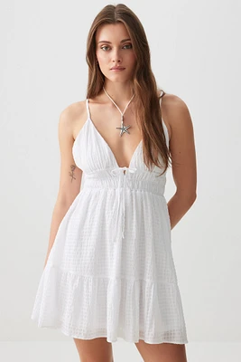 Ardene Seersucker Babydoll Mini Dress in White | Size | Polyester