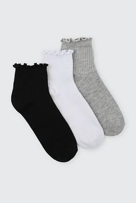 Ardene 3-Pack Lettuce Edge Demi Crew Socks in Grey | Polyester/Spandex