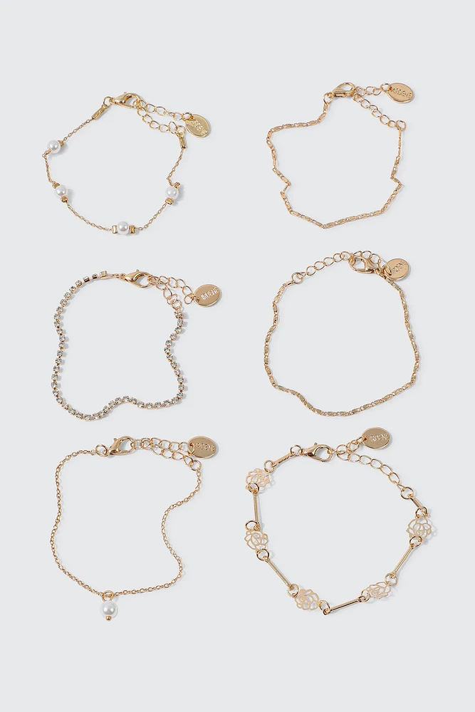 Ardene 6-Pack Pearl & Flower Chain Bracelets in Gold