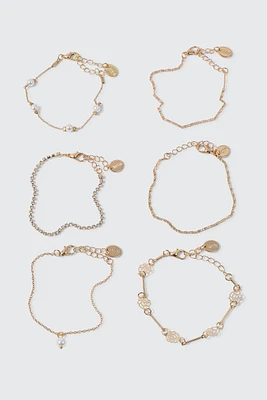 Ardene 6-Pack Pearl & Flower Chain Bracelets in Gold