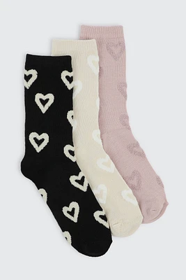 Ardene 3-Pack Heart Crew Socks in Medium Pink | Polyester/Spandex