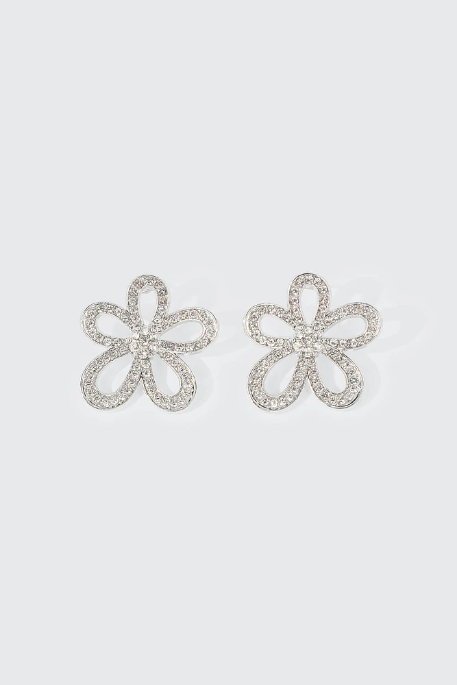 Ardene Embellished Flower Earrings in Silver | Stainless Steel