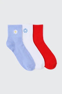 Ardene 3-Pack of Demi Crew Socks with Flower Embroideries in Red | Polyester/Spandex