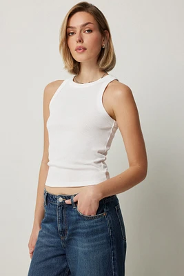 Ardene Basic Rib High Neck Tank Top in White | Size Large | Cotton/Elastane | Eco-Conscious
