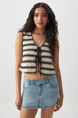 Ardene Striped Tie Front Sweater Tank in White | Size Large | Polyester/Cotton