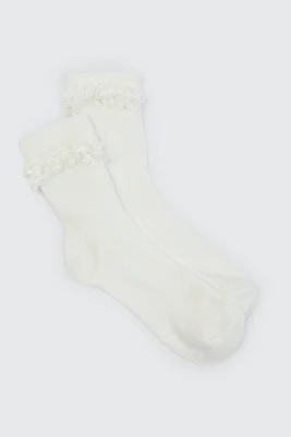 Ardene Kids 2-Pack Lace Trim Crew Socks in White | Polyester/Spandex